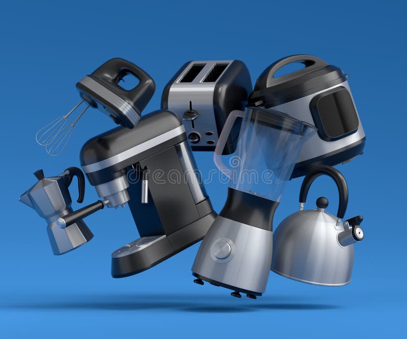 Electric Kitchen Appliances and Utensils for Making Breakfast on Blue