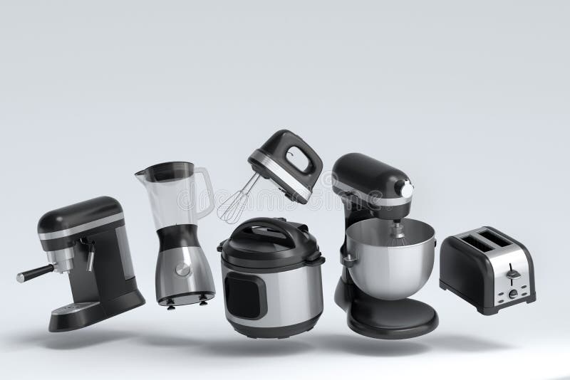 Electric Kitchen Appliances and Utensils for Making Breakfast on White