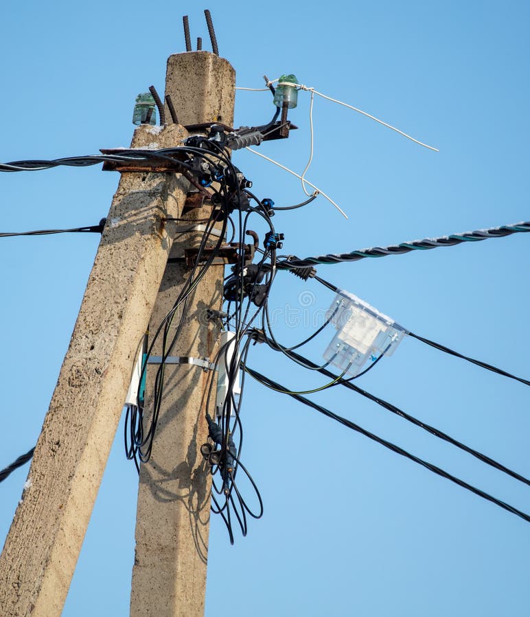 An Electric Meter on a Pole Against a Blue Sky Stock Image Image of