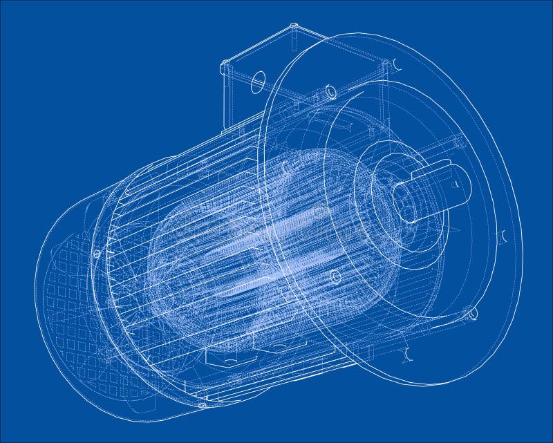 Electric motor sketch. Vector rendering of 3d. Wire-frame style. The layers of visible and invisible lines are separated