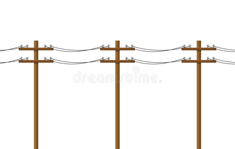 Electric pole isolated on white background. Wood power lines, Electric power transmission. Utility pole Electricity