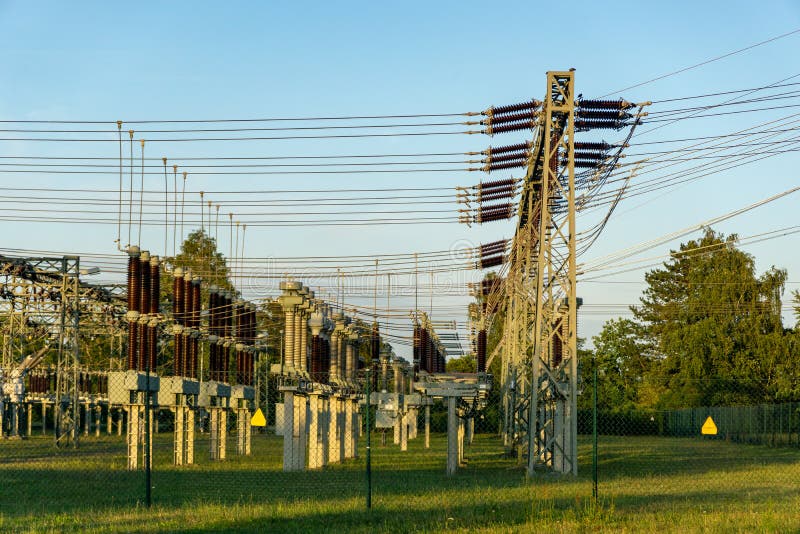 Electric Power Line in a Field Voltage Transformation Substation