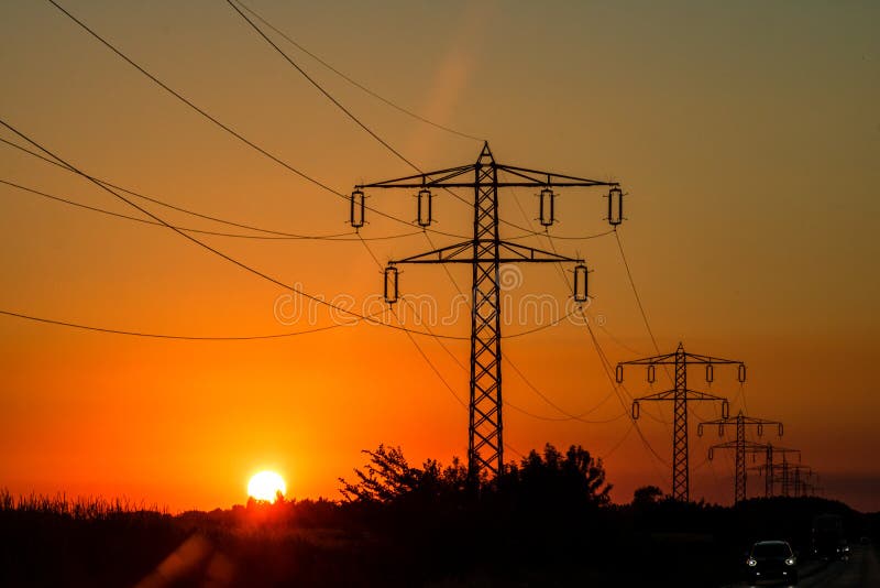 Electric Power Pylon, Electric Tower at Sunset Stock Photo Image of