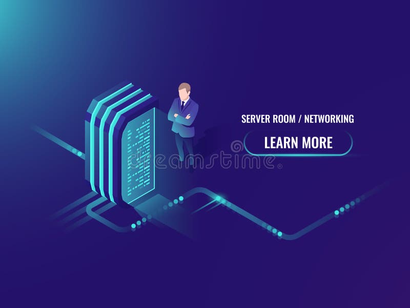 Electric power station, energy generator, isometric server room, 3d data center with administrator, engineer, big data royalty free illustration