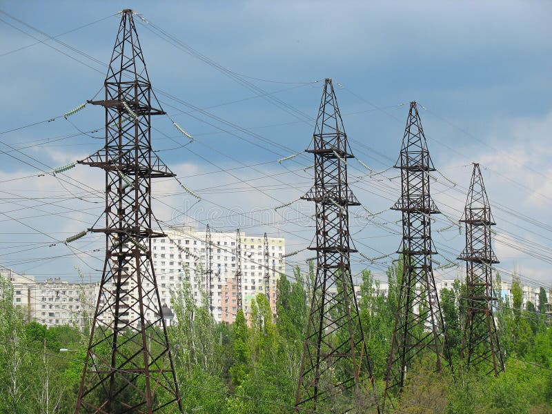 Electric Power Transmission Lines and cloudy sky