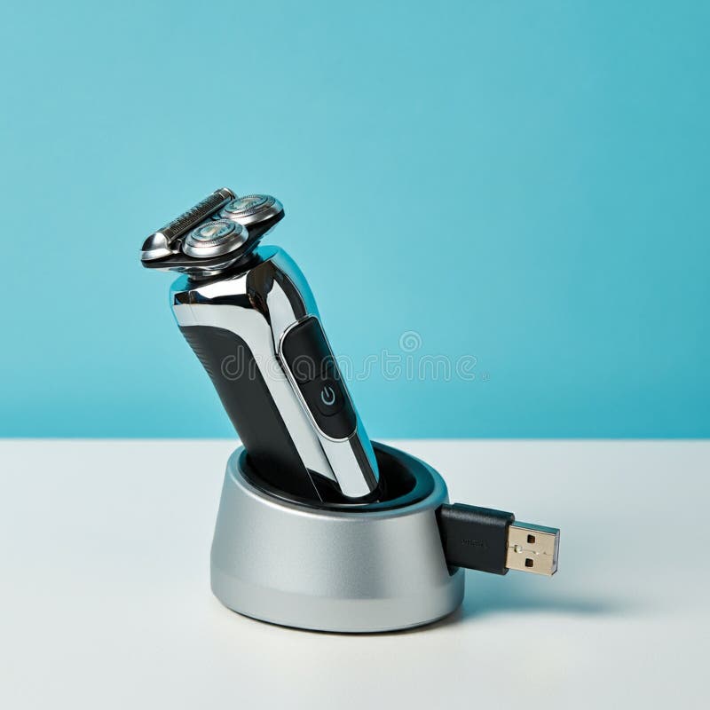 Electric razor with a sleek design, featuring a chrome and black handle. Its triple rotary vector illustration