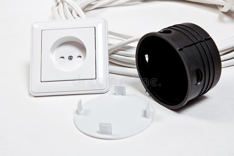 Electric Sockets And Power Cable On White Surface Stock Image Image