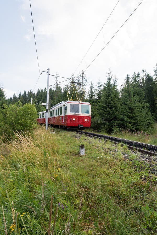 Electric train running on rails with gear, High Tatras, Slovakia