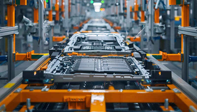 Electric vehicle battery cells are assembled on mass production line vector illustration