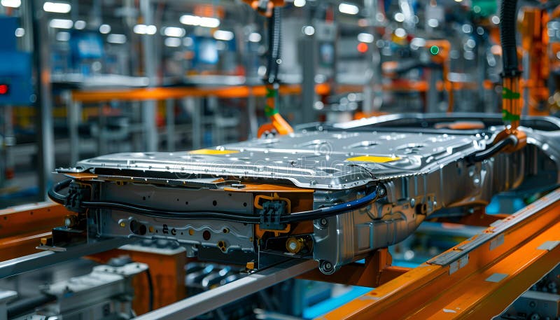Electric vehicle battery cells are assembled on mass production line stock illustration