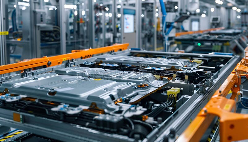 Electric vehicle battery cells are assembled on mass production line vector illustration