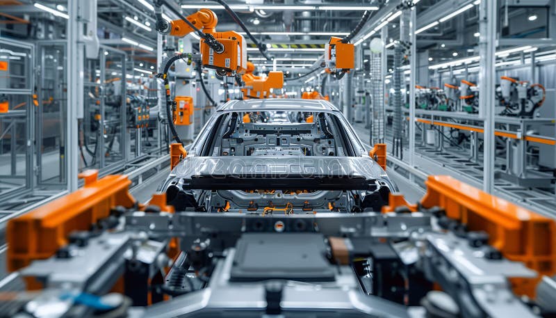 Electric vehicle battery cells are assembled on mass production line vector illustration