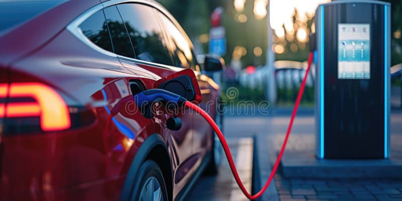 An Electric Vehicle Being Charged At A Hightech Fueling Station royalty free illustration
