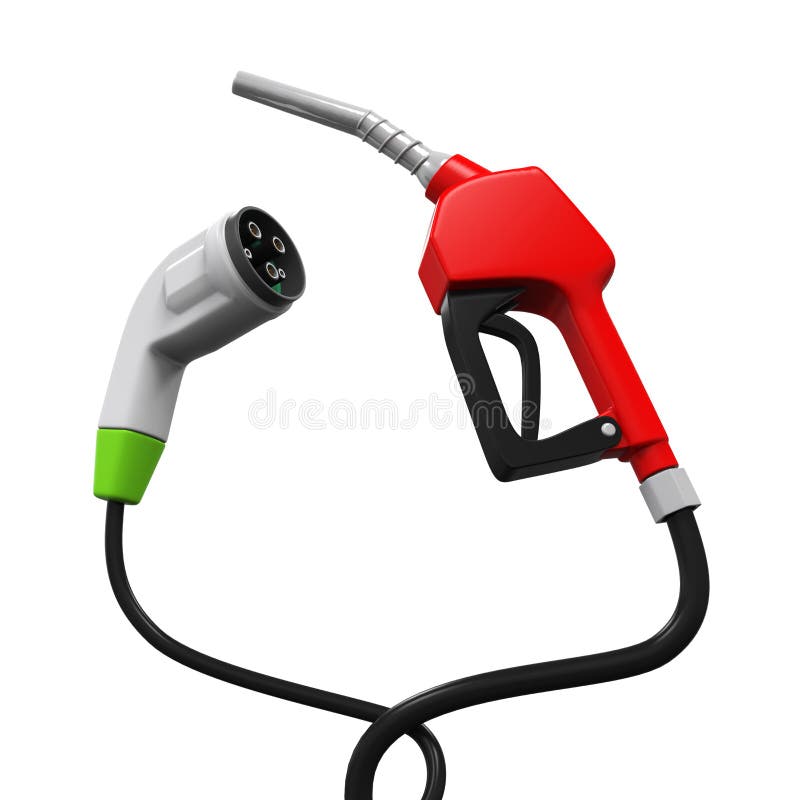 Electric Vehicle Charging Plug and Gas Nozzle isolated on white background. 3D render