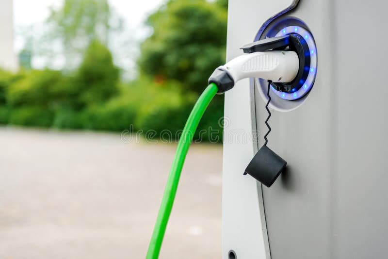 Electric Vehicle Charging Station System Storing Power on White Modern