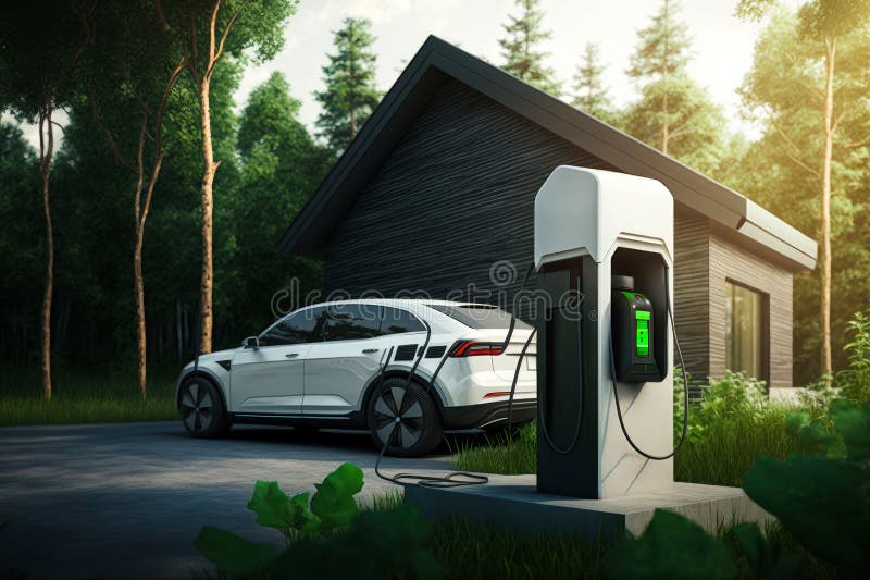 An Electric Vehicle Charging Station in Front of House. Generative AI