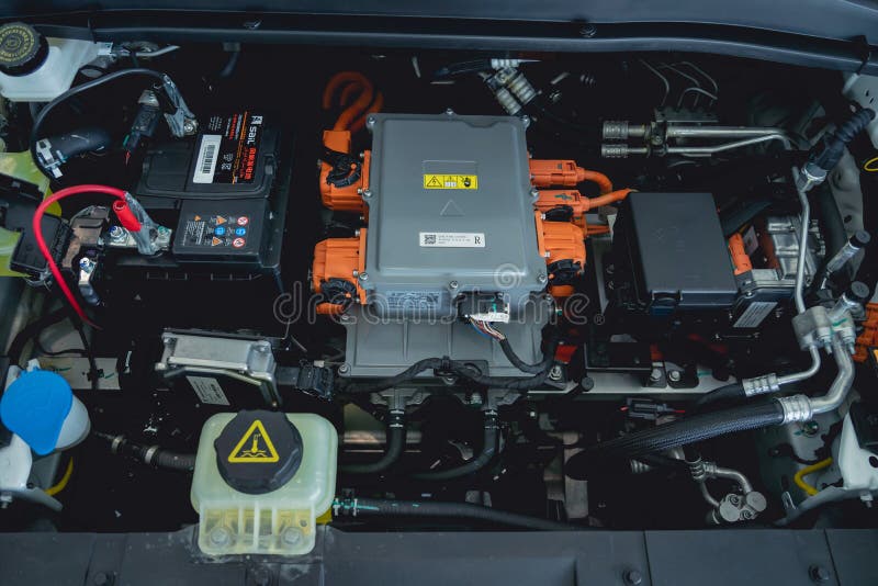 Electric Vehicle with Open Hood and Details of Electric Car Engine