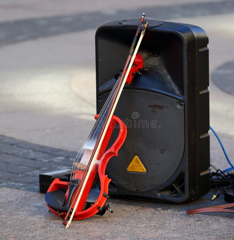 Electric Violin is Leaning Against the Sound Column Stock Image Image