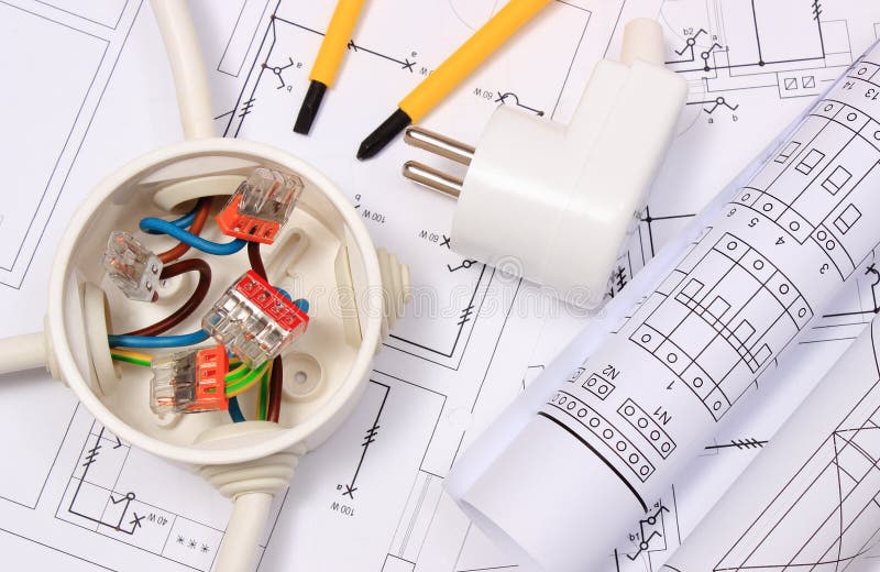 Electrical box, diagrams and electric plug on construction drawing