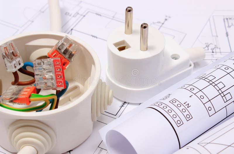 Electrical Box, Diagrams and Electric Plug on Construction Drawing
