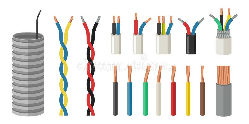Electrical cables in flat style. Set with varieties of electric wire. Electrical grounding vectors