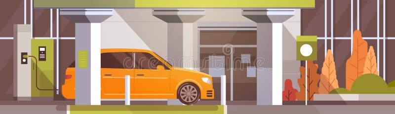 Electrical Car At Charging Station Eco Friendly Vehicle In City Flat Vector Illustration