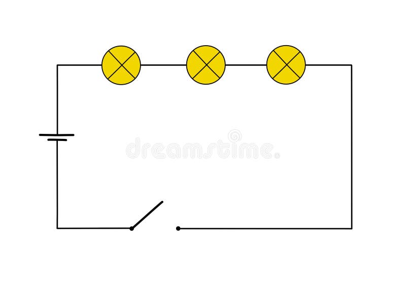 Electrical circuit diagram with light bulbs and power source. Basic parallel, series circuit isolated on white background royalty free illustration