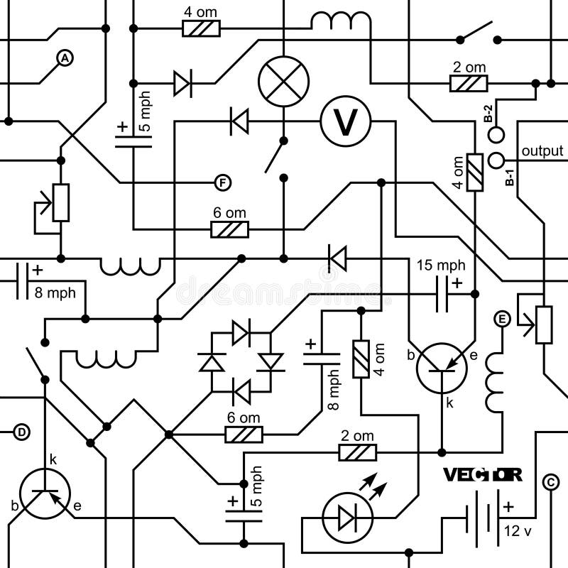 Electrical circuit of radio device resistance, transistor, diode, capacitor, inductor.