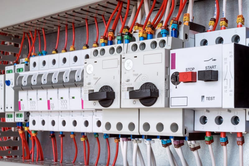 The electrical control panel are circuit breakers protecting the motor royalty free stock image