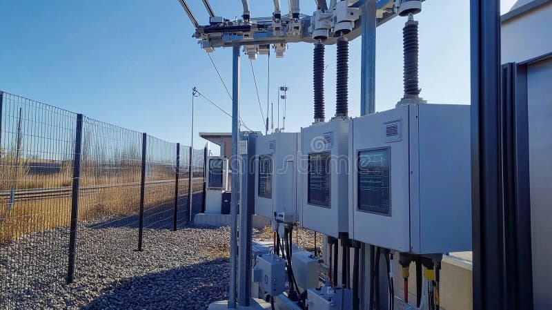 Electrical control system located near railway tracks under clear blue sky during daylight hours royalty free illustration
