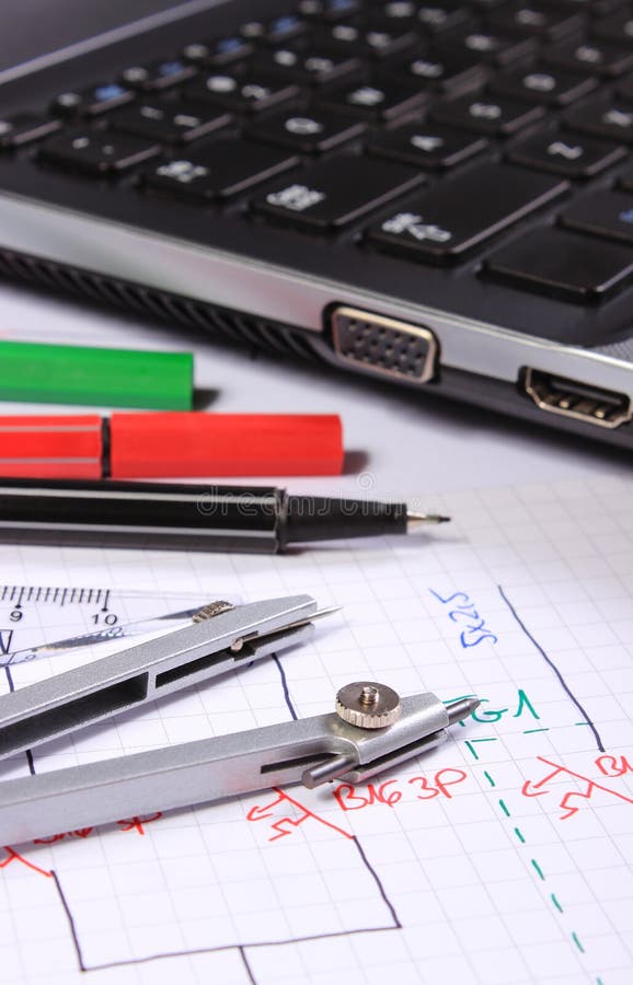 Electrical Diagrams, Accessories for Drawing and Laptop Stock Image