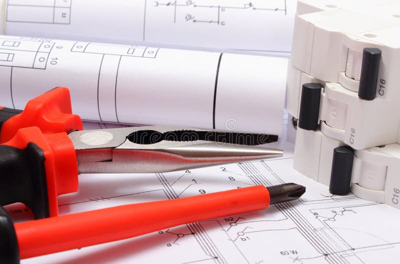 Electrical Diagrams, Electric Fuse and Work Tools on Drawing Stock