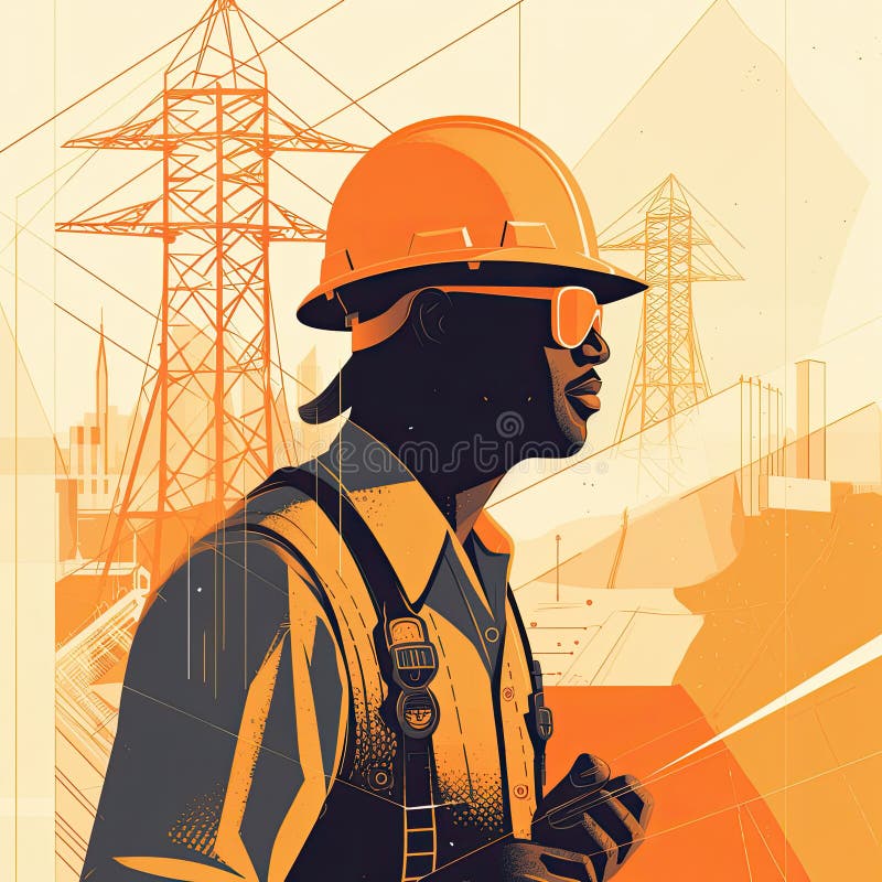 An Electrical Engineer Inspecting a Large Electrical Transmission Tower, with a Blue Sky and