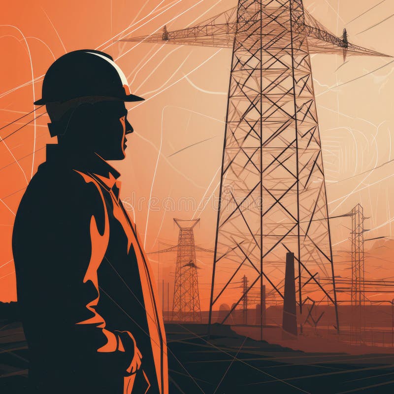 An Electrical Engineer Inspecting a Large Electrical Transmission Tower, with a Blue Sky and