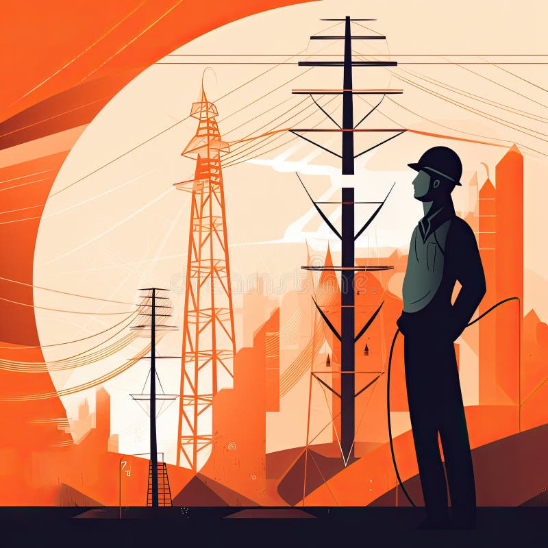 An Electrical Engineer Inspecting a Large Electrical Transmission Tower, with a Blue Sky and