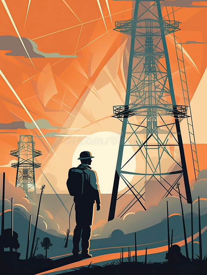 An Electrical Engineer Inspecting a Large Electrical Transmission Tower, with a Blue Sky and