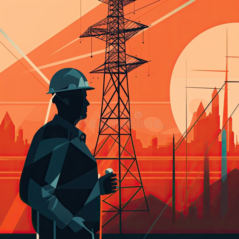 An Electrical Engineer Inspecting a Large Electrical Transmission Tower, with a Blue Sky and