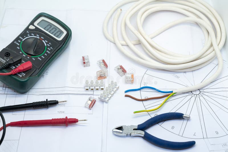 Electrical Tools and Supplies on Architect`s Plan Stock Image Image