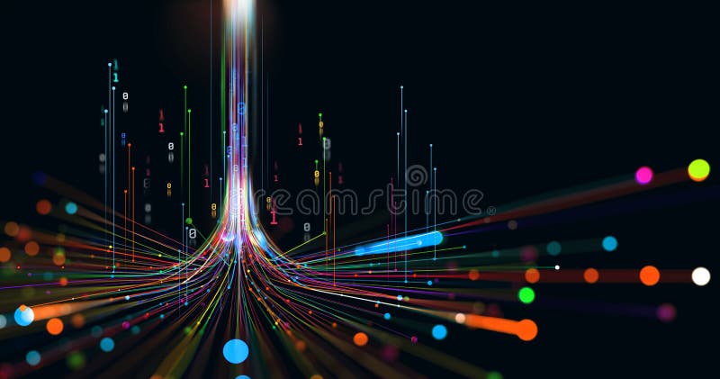 Electrical impulse, binary code. Futuristic wave. Neon Streaming. Data stream 3D illustration. Data vortex stream technology. Cyberpunk funnel. Dark data visualization illustrations