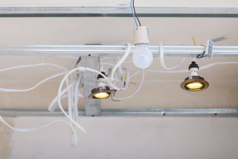 Electrical Installation At Construction Site. Installing Energy Light Stock Photography Image