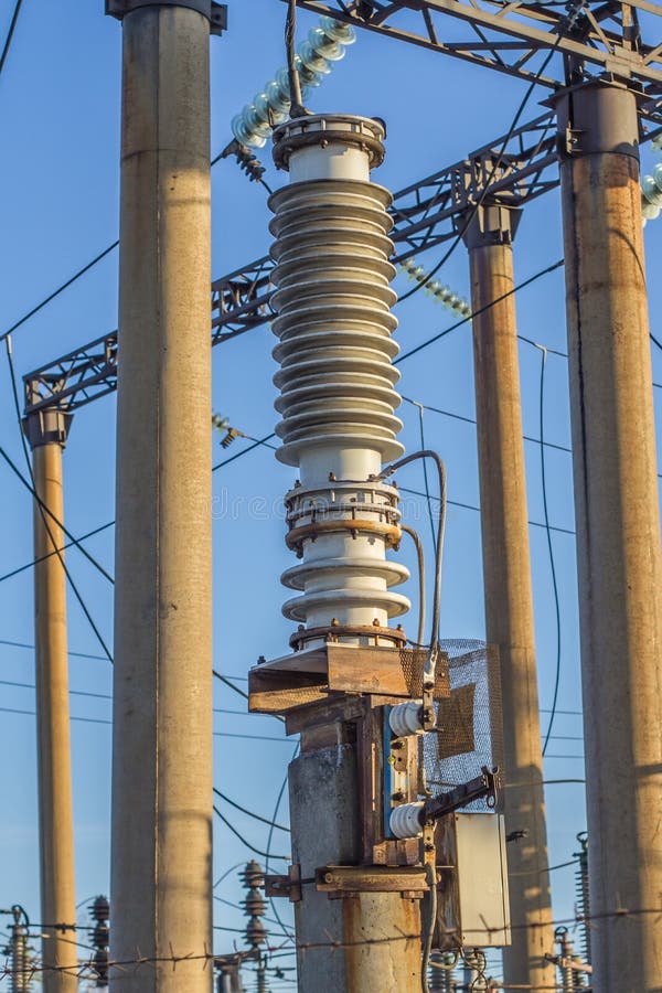 Glass Insulator on the Power Line. Insulator of Electrical Highvoltage
