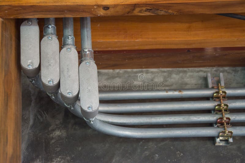 Electrical Junction Box with Galvanized Conduit Pipe Connection Stock