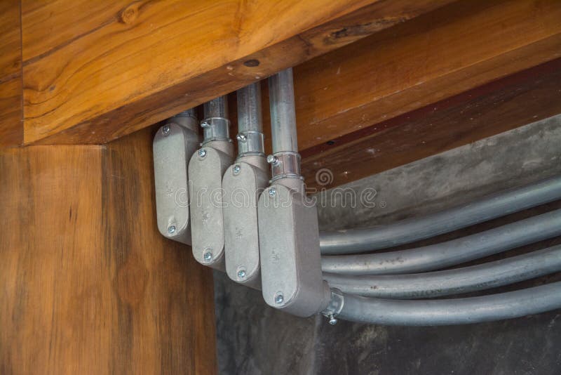 Electrical Junction Box with Galvanized Conduit Pipe Connection Stock