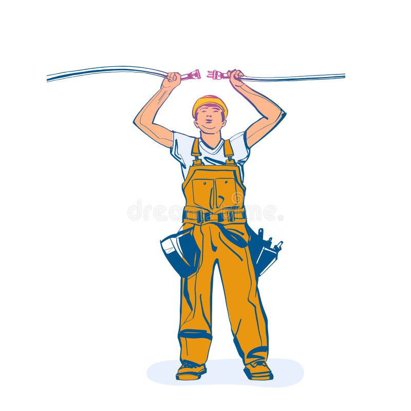 Electrical outlet and plug in the hands of the worker. Unplug, plugged socket. Vector illustration sketch design. Connecting power plug. Isolated on background. Professional electrician.