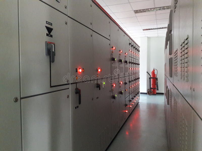 Electrical Panel with LED Lighting, Industrial Power Plant. Stock Photo