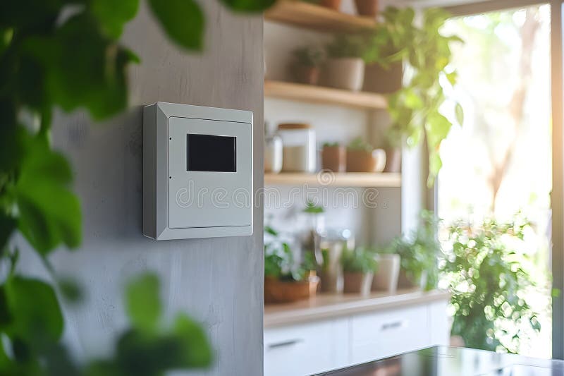 Electrical panel mounted on residential wall in a bright room with plants. Generative AI stock photography