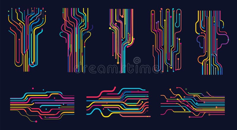 Electrical paths. Circuit board isolated multicolor lines, semiconductor microchip cpu chip digital tech technology ai concept royalty free illustration