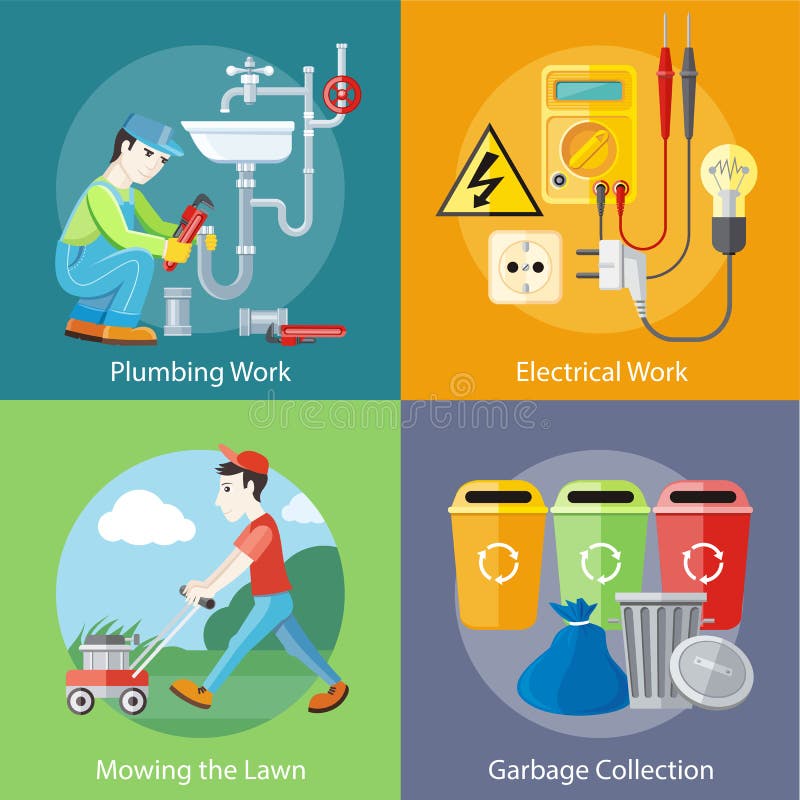 Plumbing work. Sanitary works. Plumber and wrench. Man moves with lawnmower, mows green grass near house. Garbage and recycling cans collection concept. Electrical work. Socket with devices. Plumbing work. Sanitary works. Plumber and wrench. Man moves with lawnmower, mows green grass near house. Garbage and recycling cans collection concept. Electrical work. Socket with devices