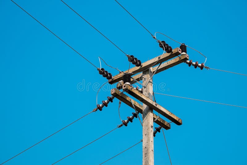 Electrical Post by the Local Road with Power Line Cables Stock Image