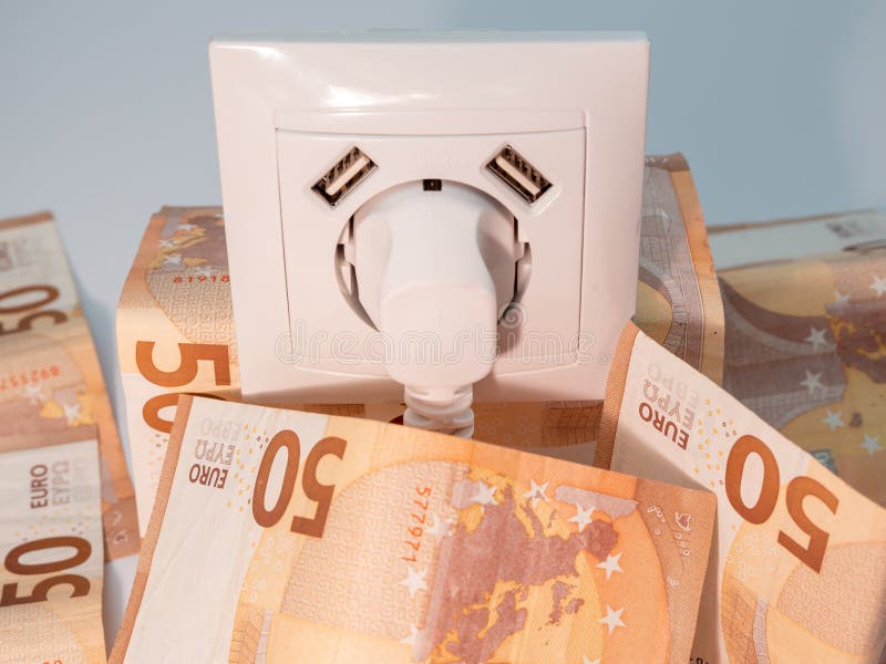 An Electrical Socket with a Connected Plug and Euro Banknotes Around it